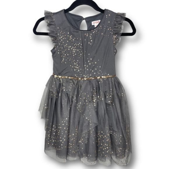 Cat & Jack Sz S 6 6X Girls Gray Metallic Gold Tulle Sleeveless Fit & Flare Dress - Picture 1 of 10